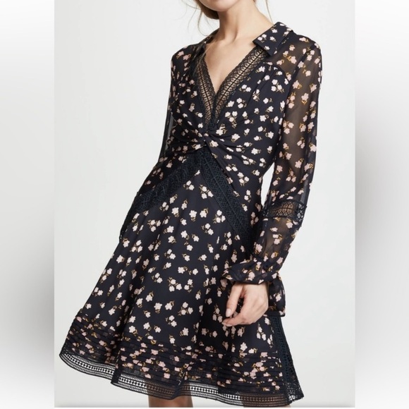 Self-Portrait Twist Front Floral‎ Lace Mini Cocktail Blogger Dress Size 2 Black - Picture 1 of 14